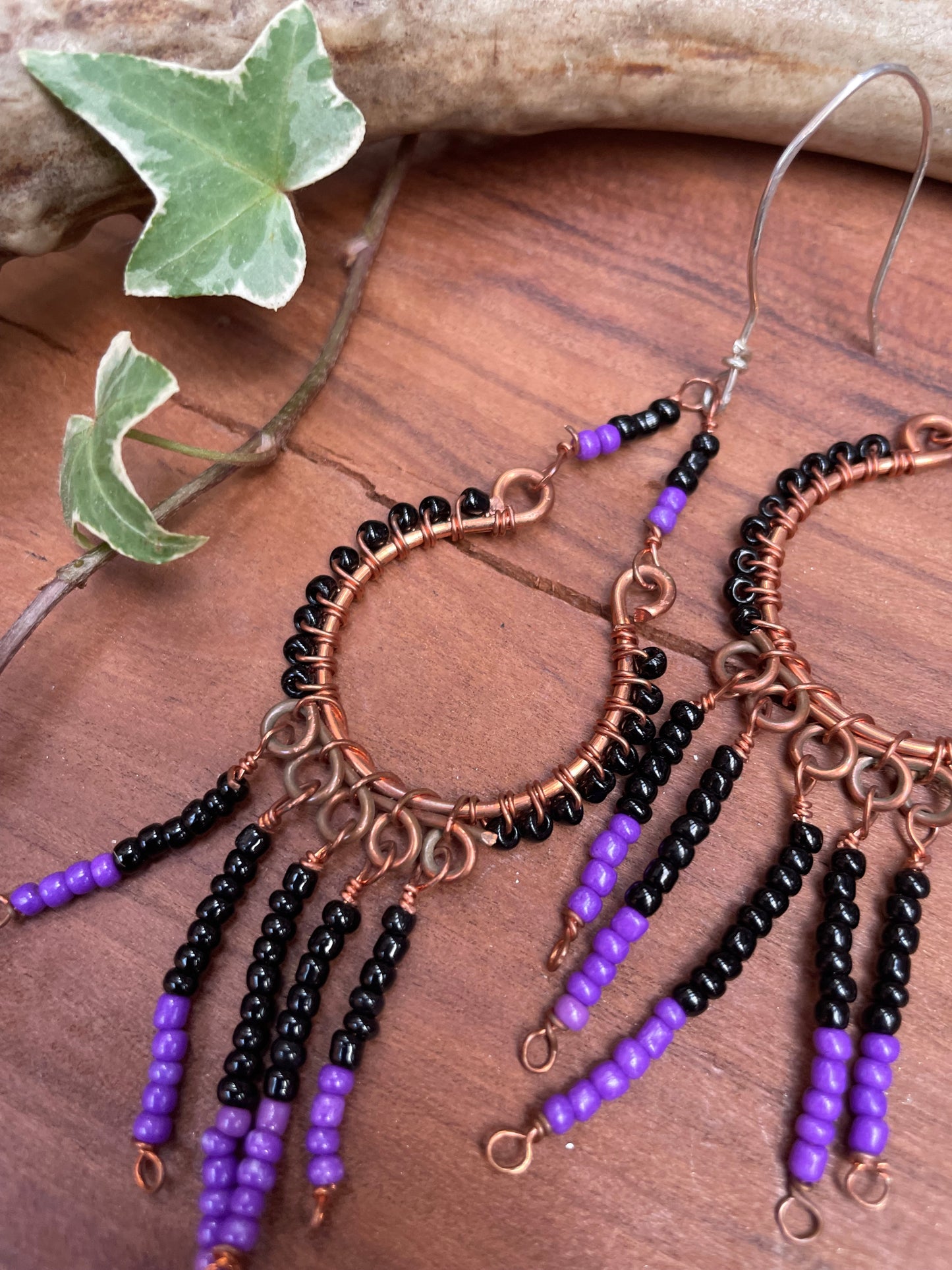 Purple/Black Seed Bead Copper Hoops