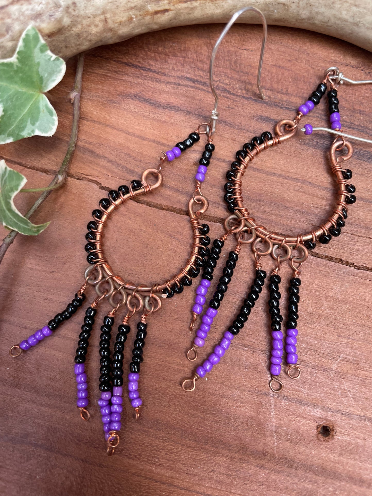 Purple/Black Seed Bead Copper Hoops