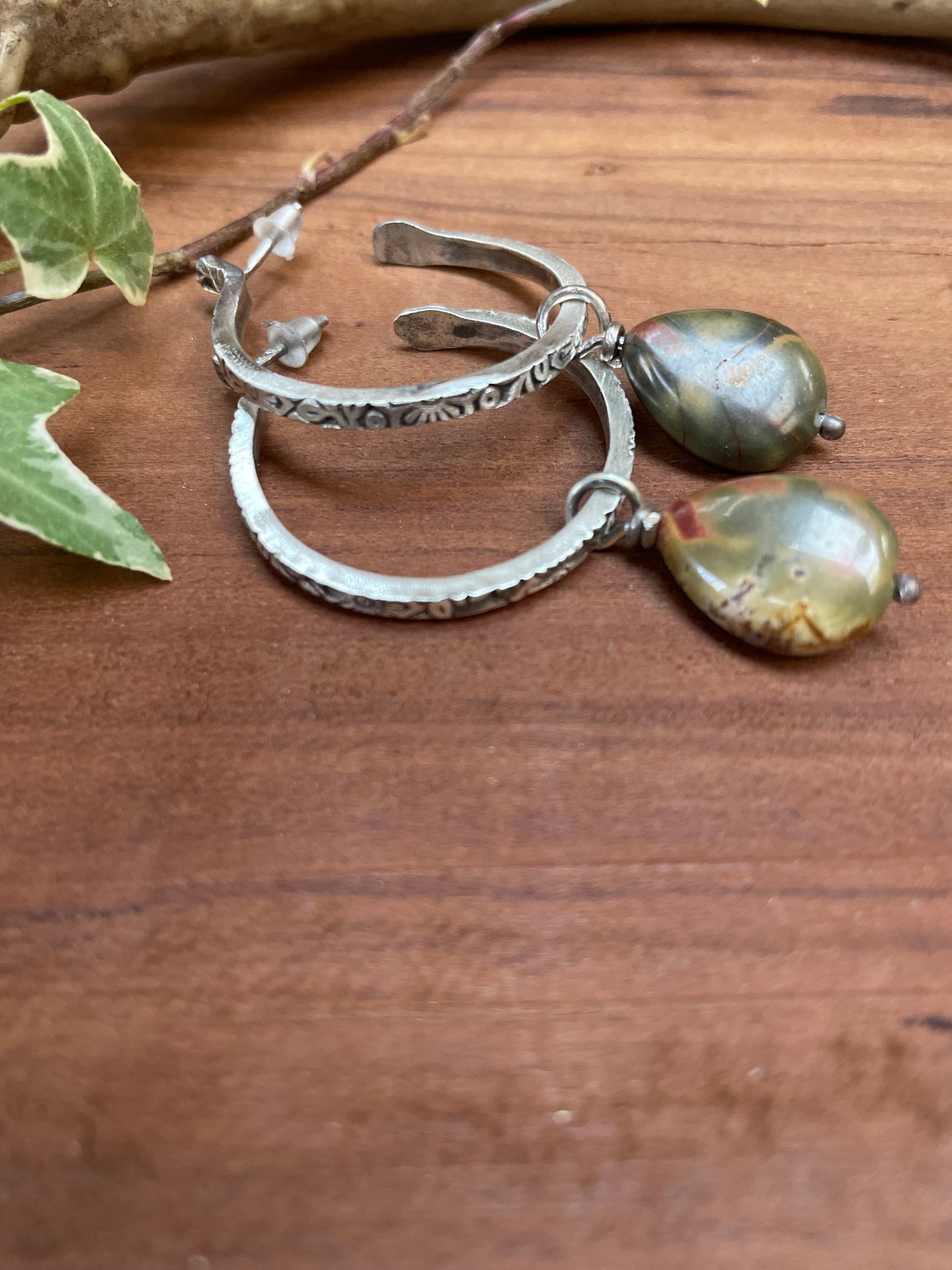 Sterling Silver and Cherry Creek Jasper Hoop Earrings