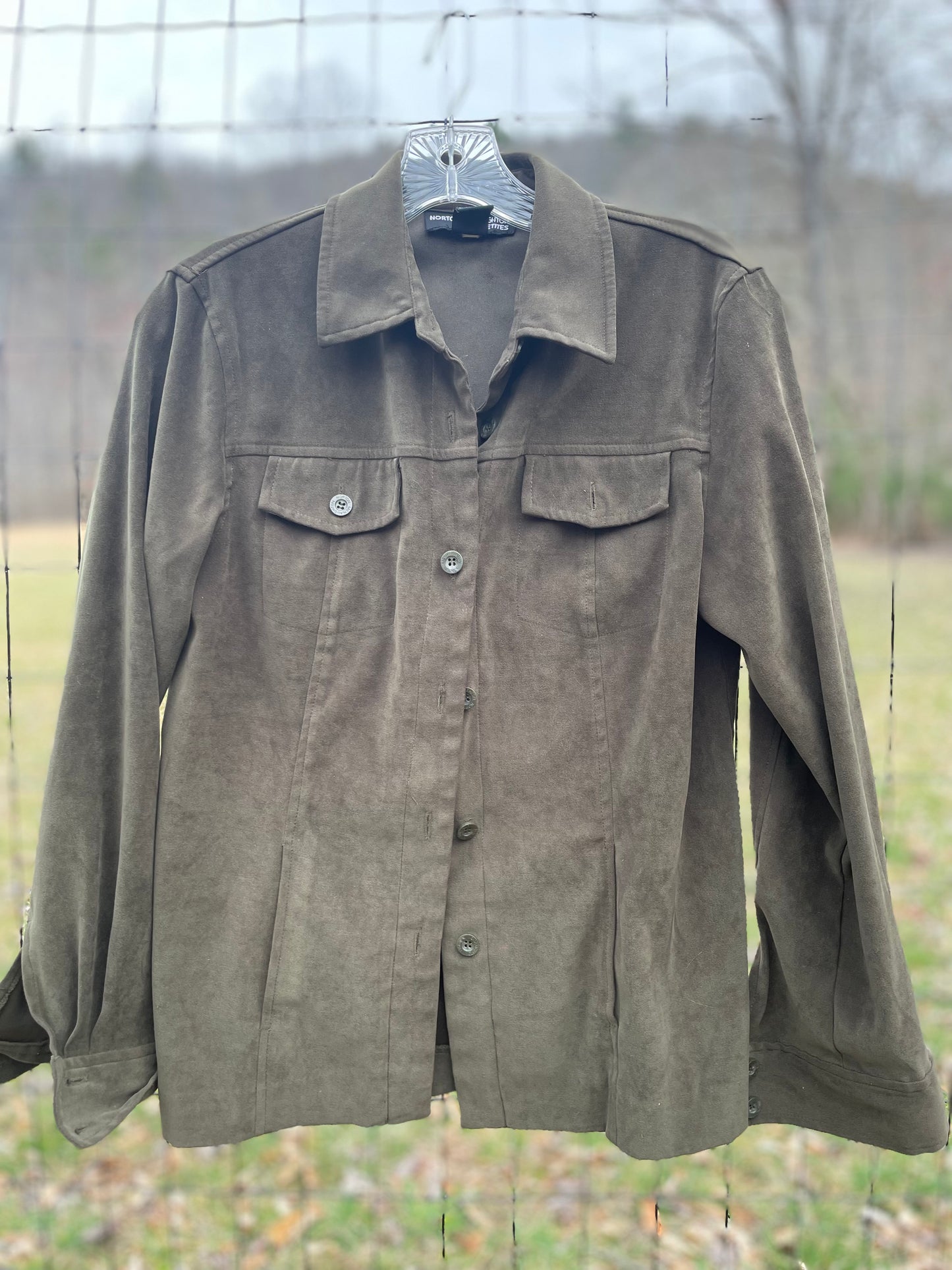 Upcycled Army Green Faux Suede Jacket Hill Tribe Embroidery
