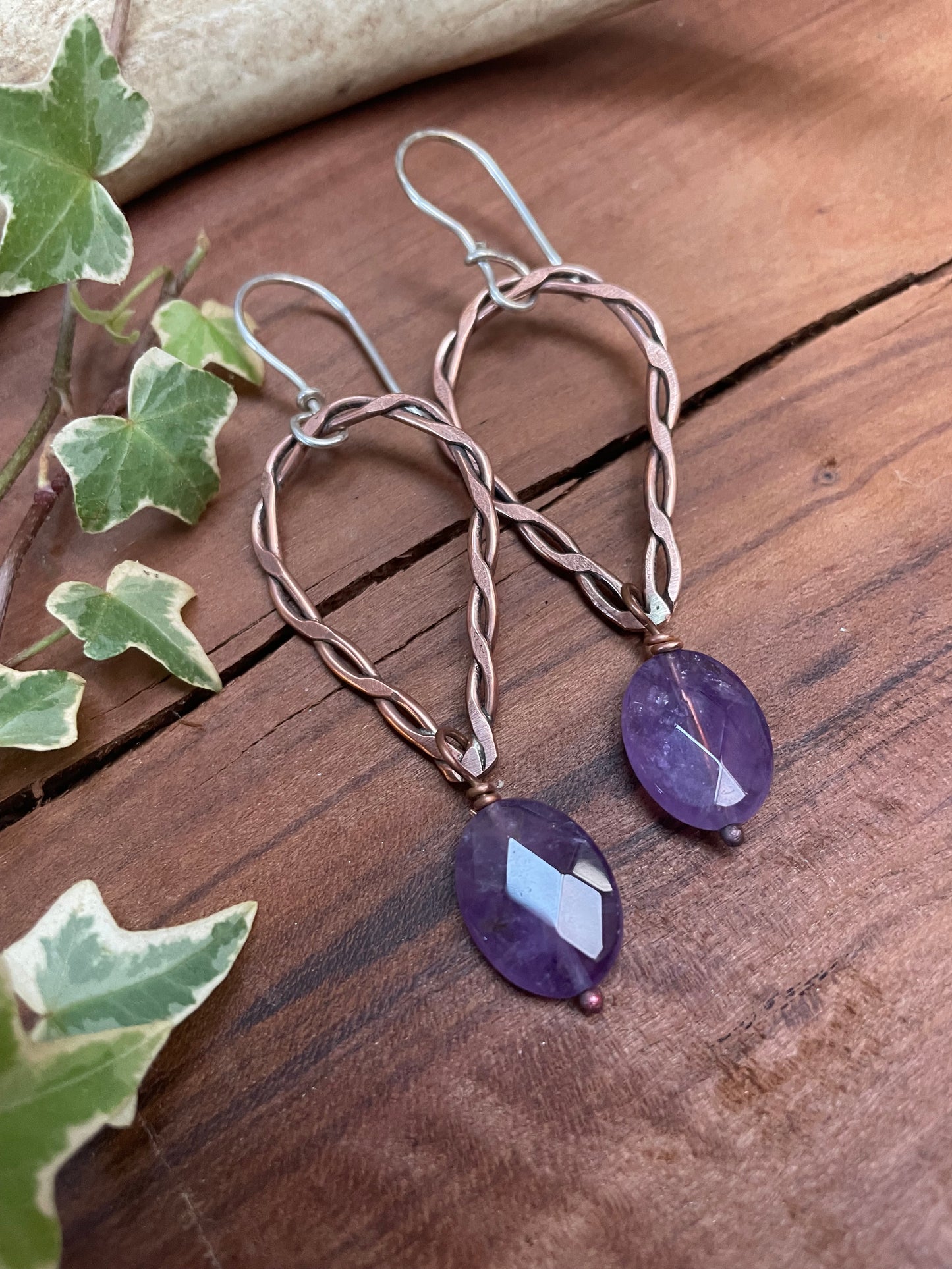 Copper and Amethyst Hoop Earrings