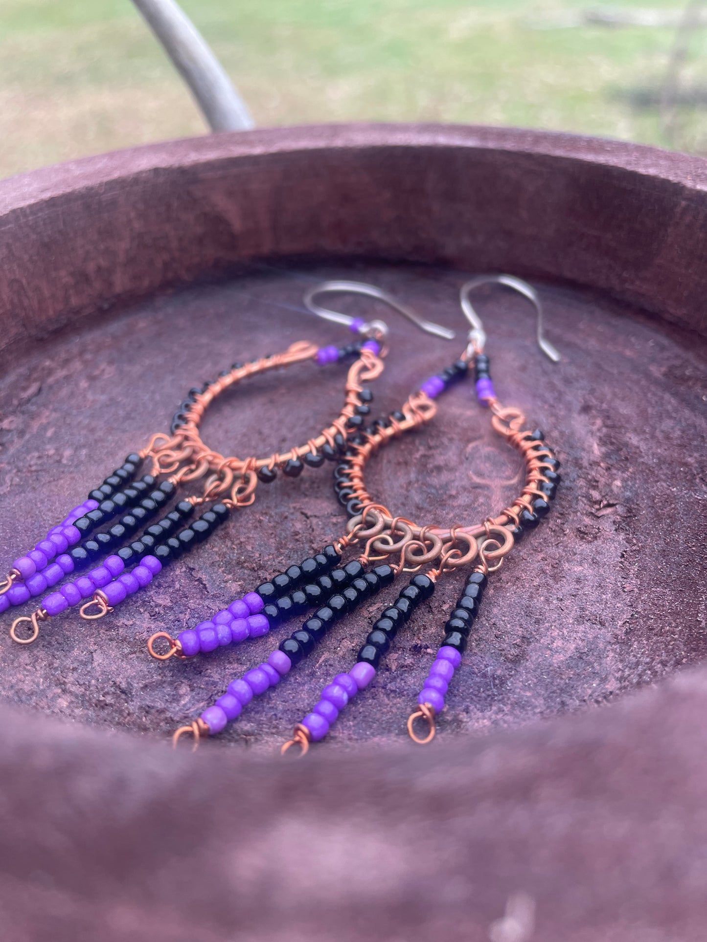 Purple and Black Seed Bead Fringe Earrings