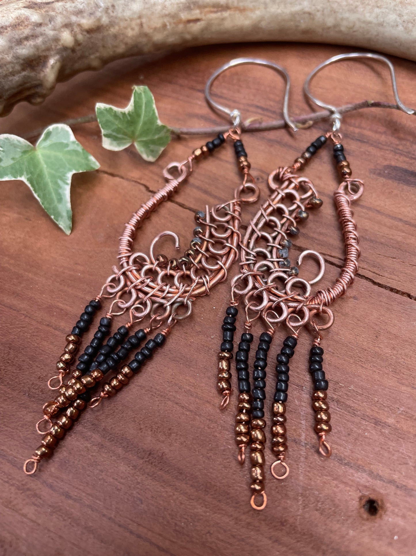 Black/Copper Wire Wrapped Paisley Seed Bead Earrings