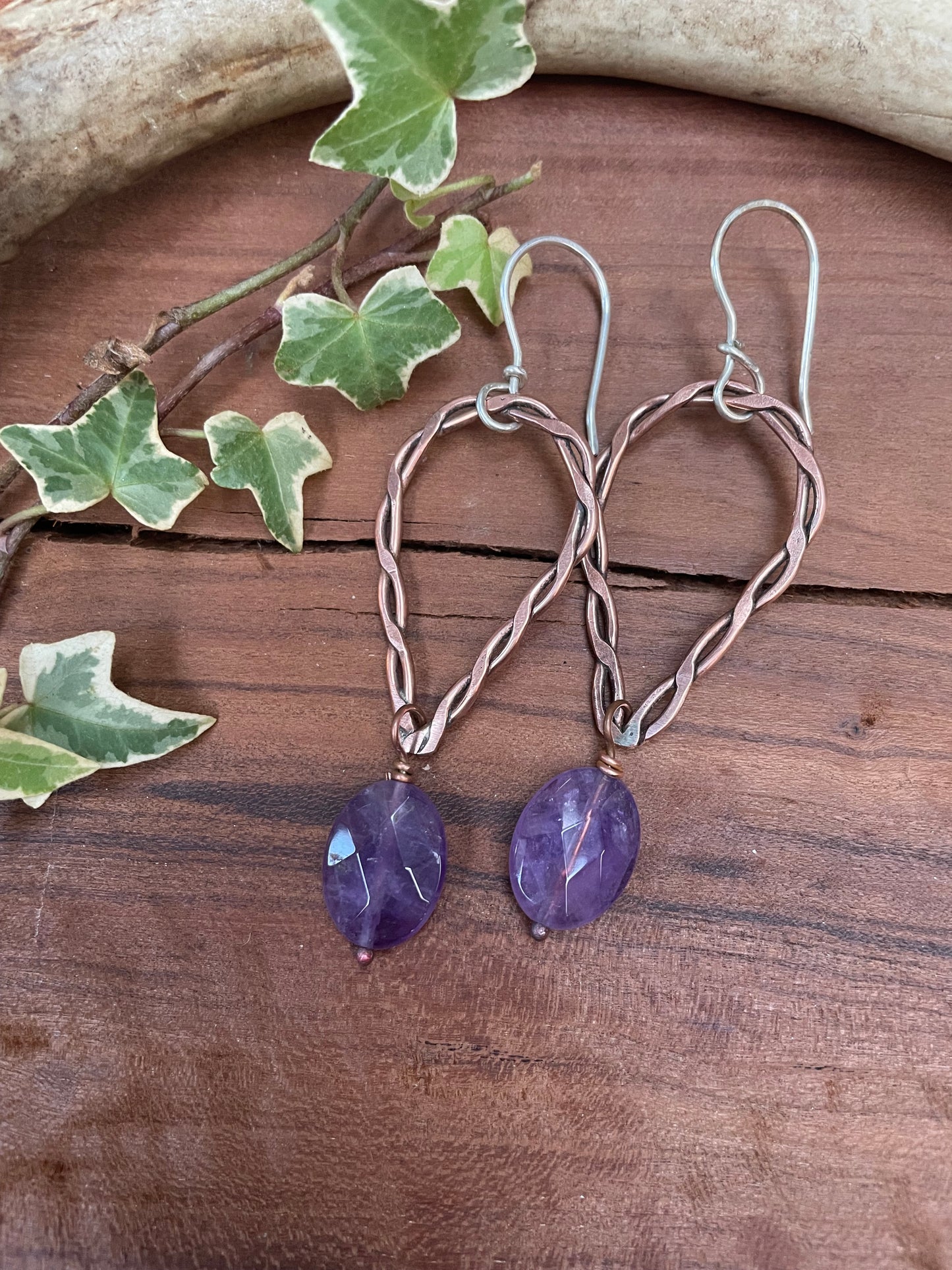 Copper and Amethyst Hoop Earrings