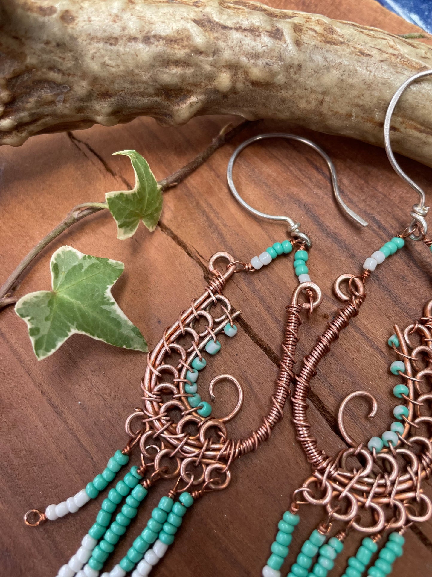 Turquoise/White Seed Bead Copper Paisley Earrings