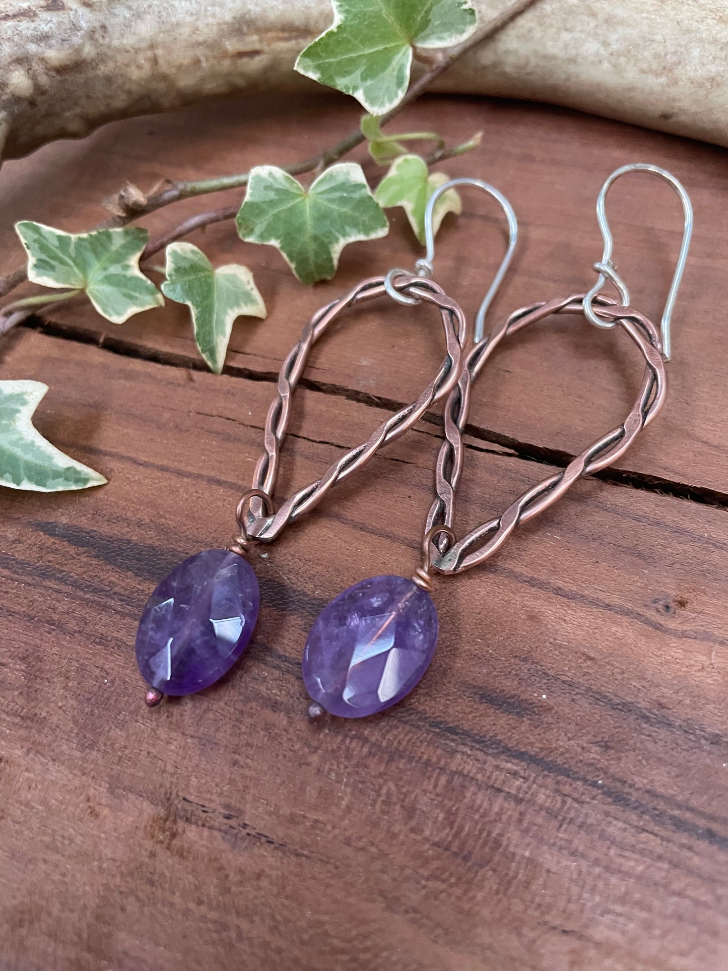 Copper and Amethyst Hoop Earrings