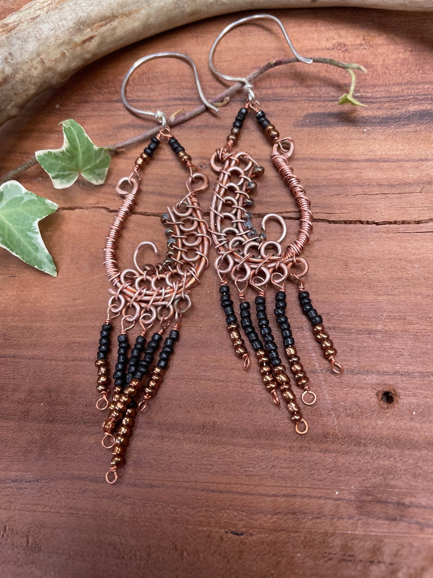 Black/Copper Wire Wrapped Paisley Seed Bead Earrings