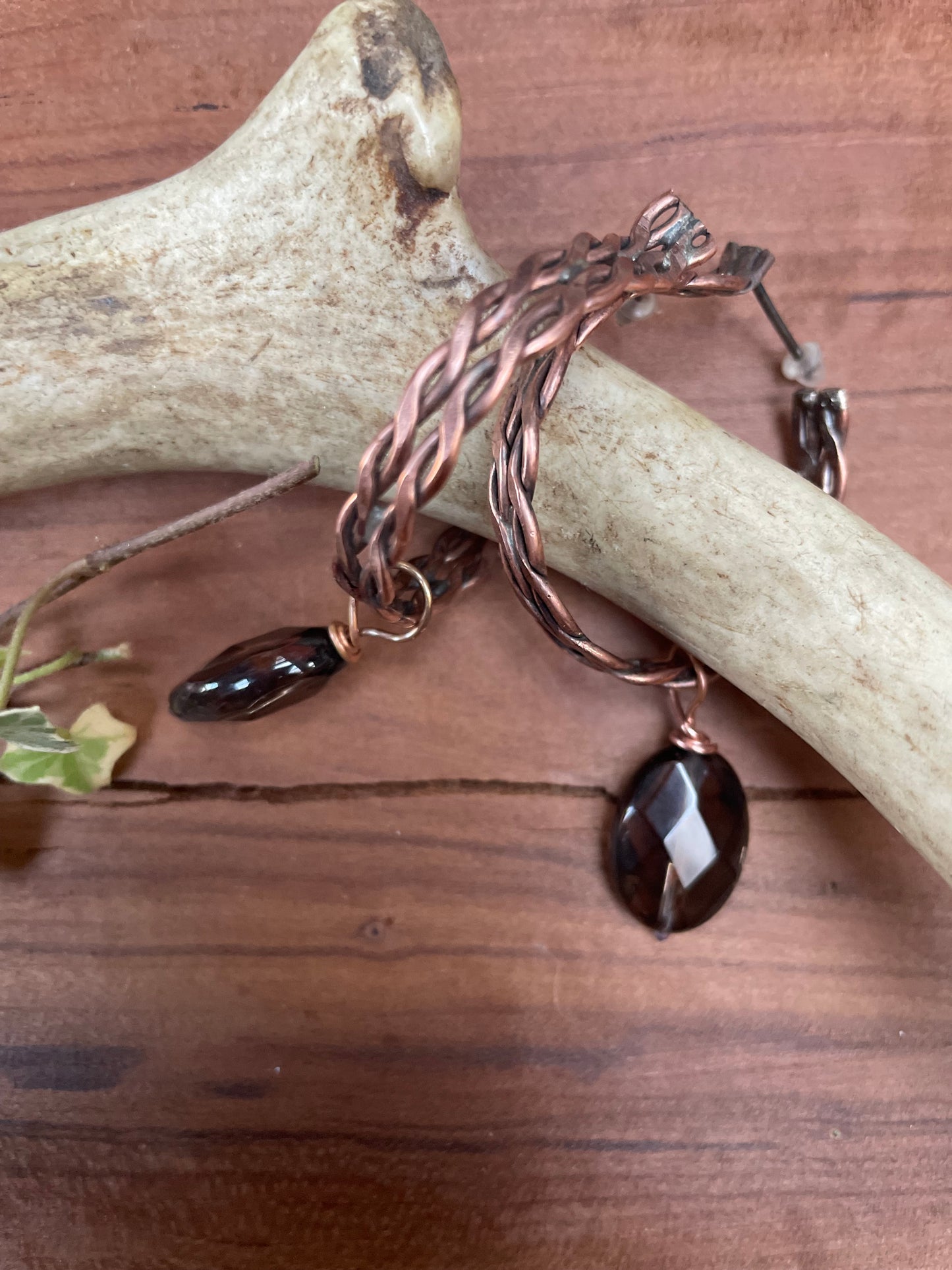 Double Twist Smoky Quartz and Copper Hoop Earrings