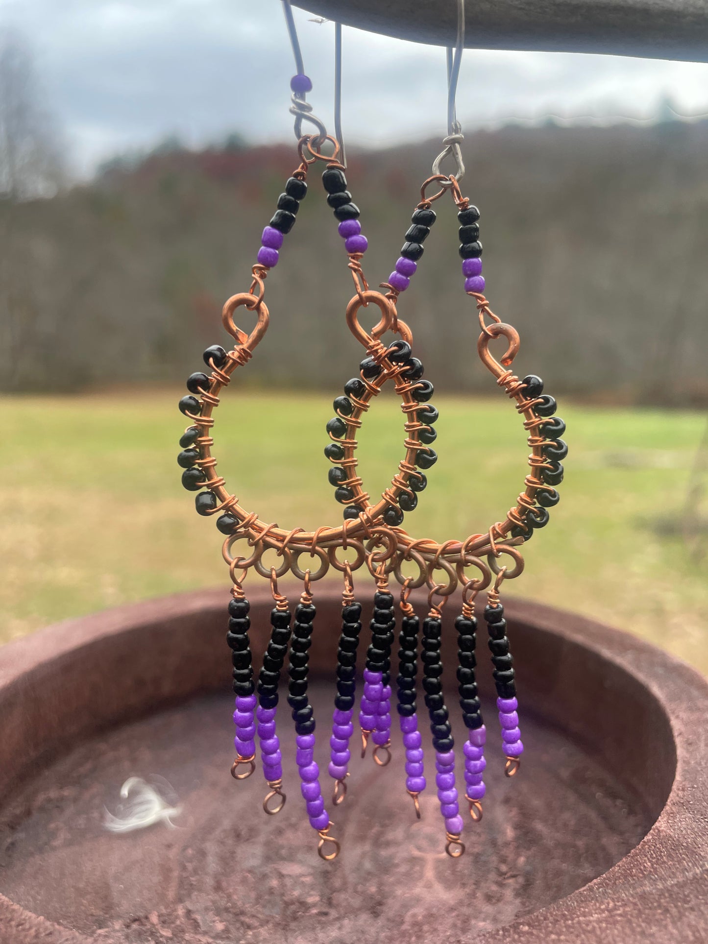 Purple and Black Seed Bead Fringe Earrings