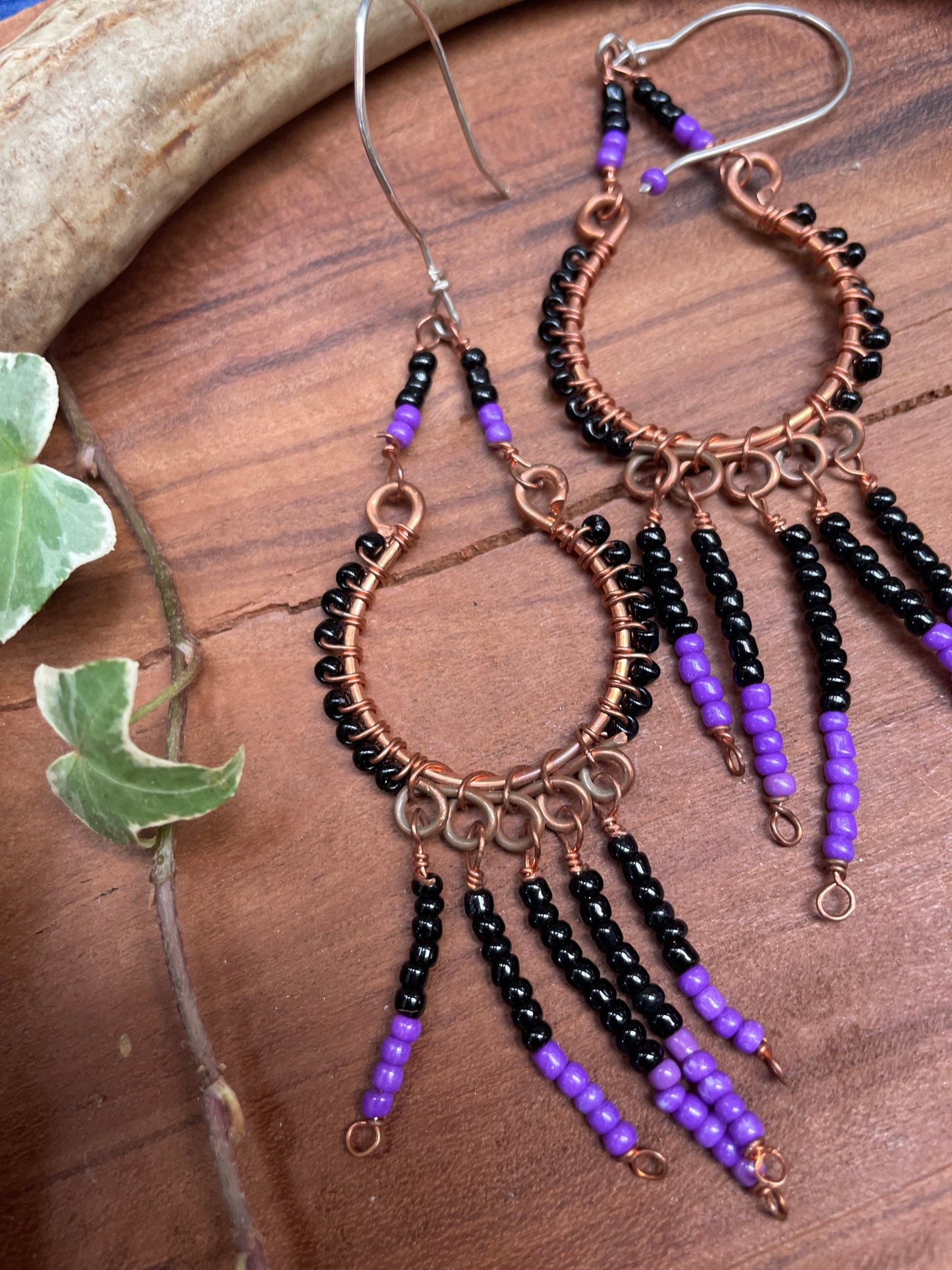 Purple/Black Seed Bead Copper Hoops