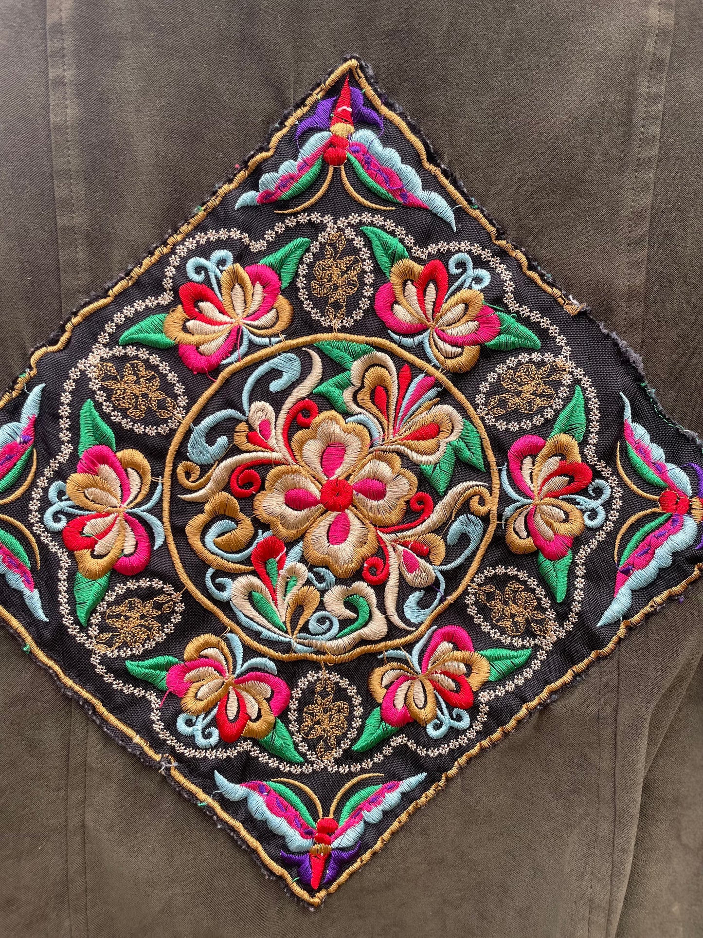 Upcycled Army Green Faux Suede Jacket Hill Tribe Embroidery