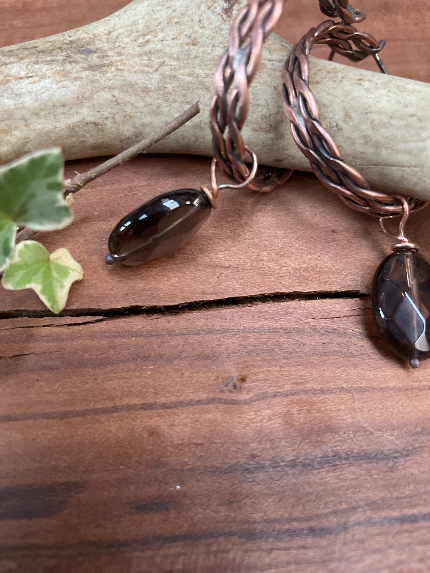 Double Twist Smoky Quartz and Copper Hoop Earrings