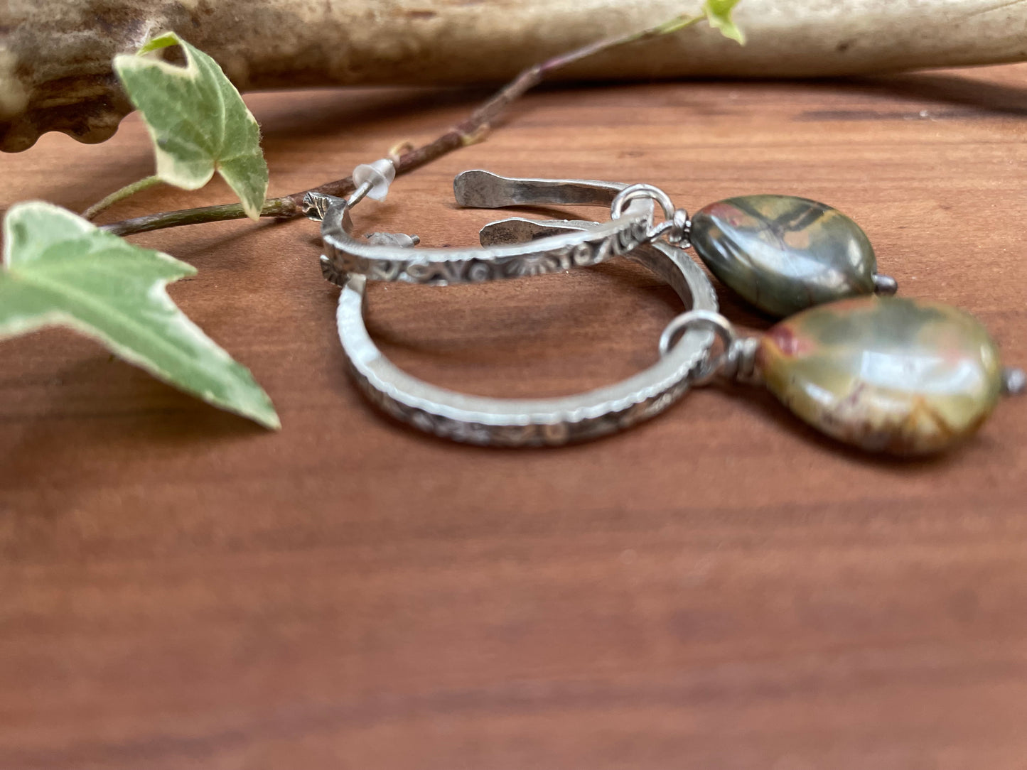 Sterling Silver and Cherry Creek Jasper Hoop Earrings