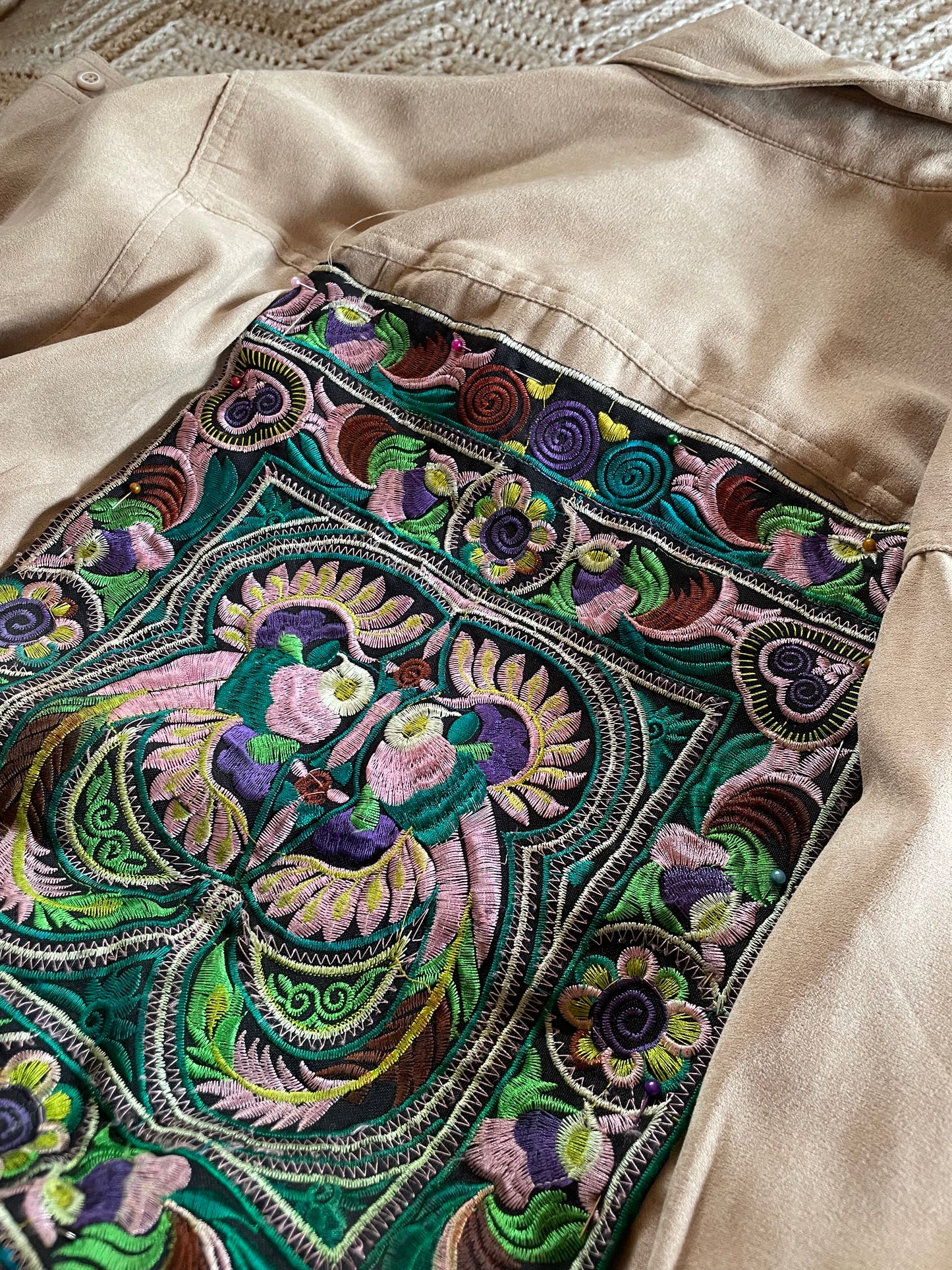 Upcycled Faux Suede Shirt With Hill Tribe Embroidery