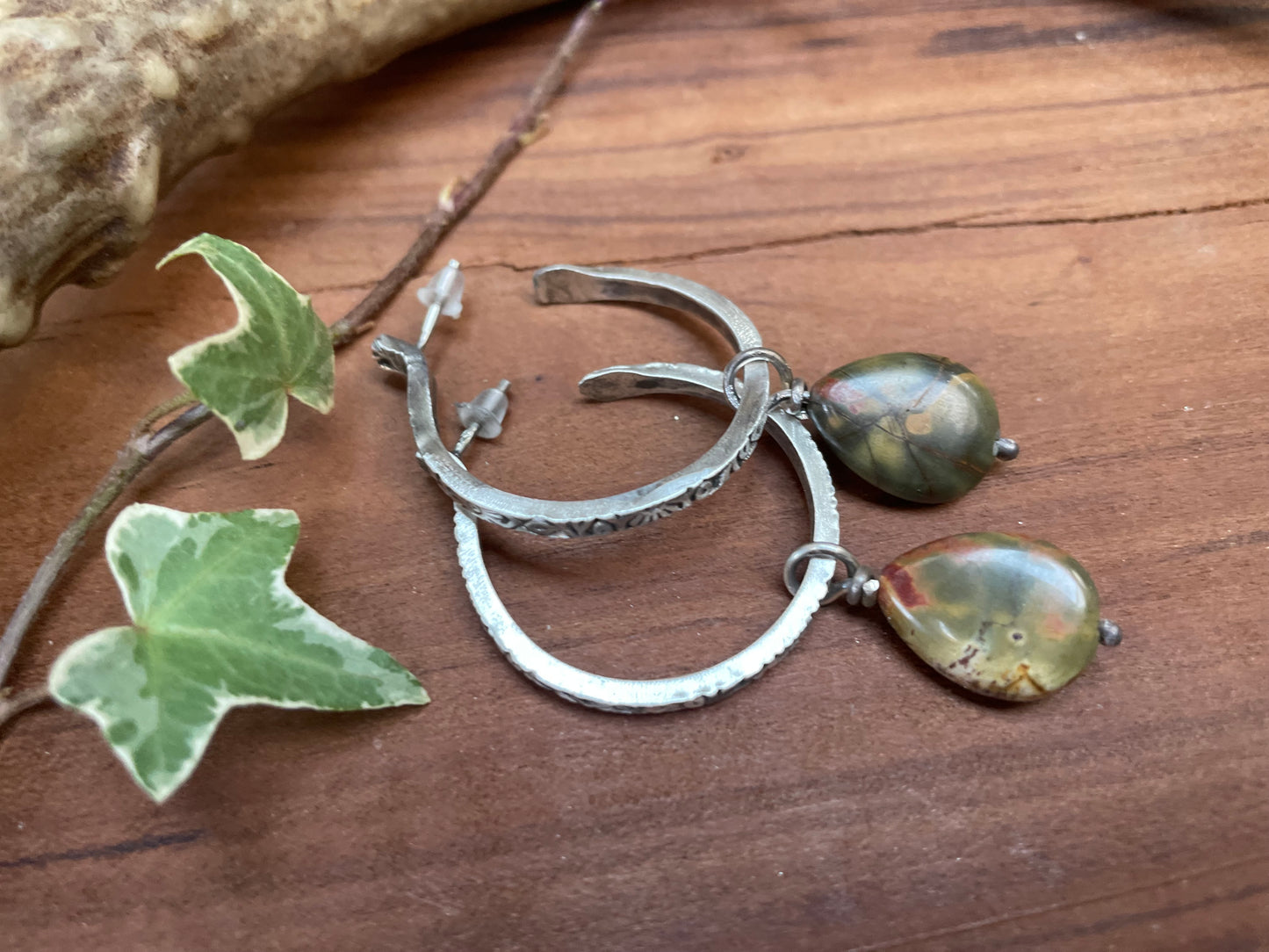 Sterling Silver and Cherry Creek Jasper Hoop Earrings