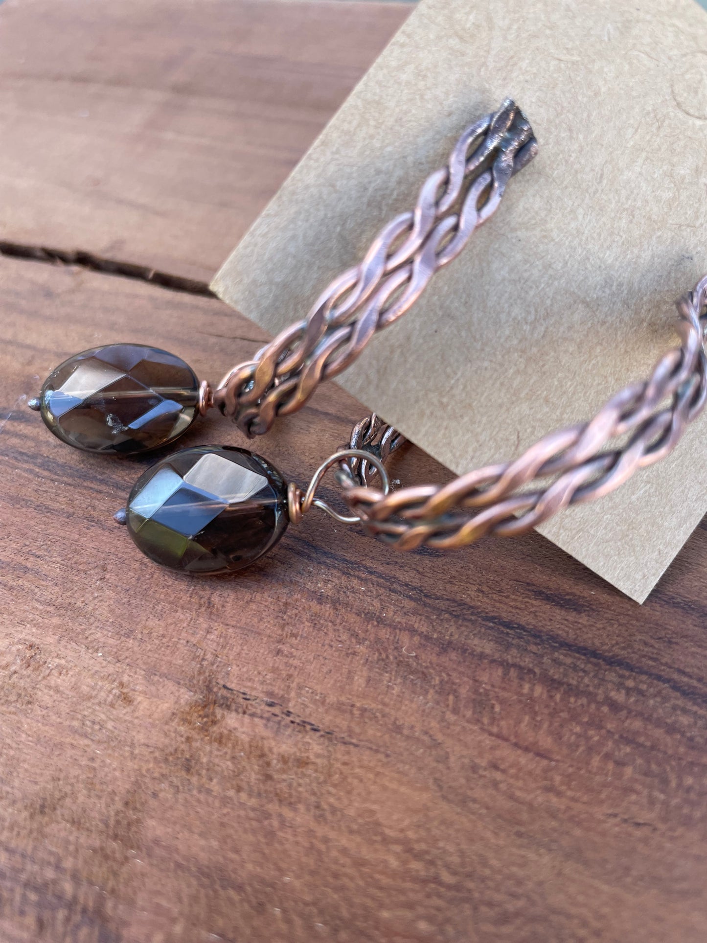 Double Twist Smoky Quartz and Copper Hoop Earrings