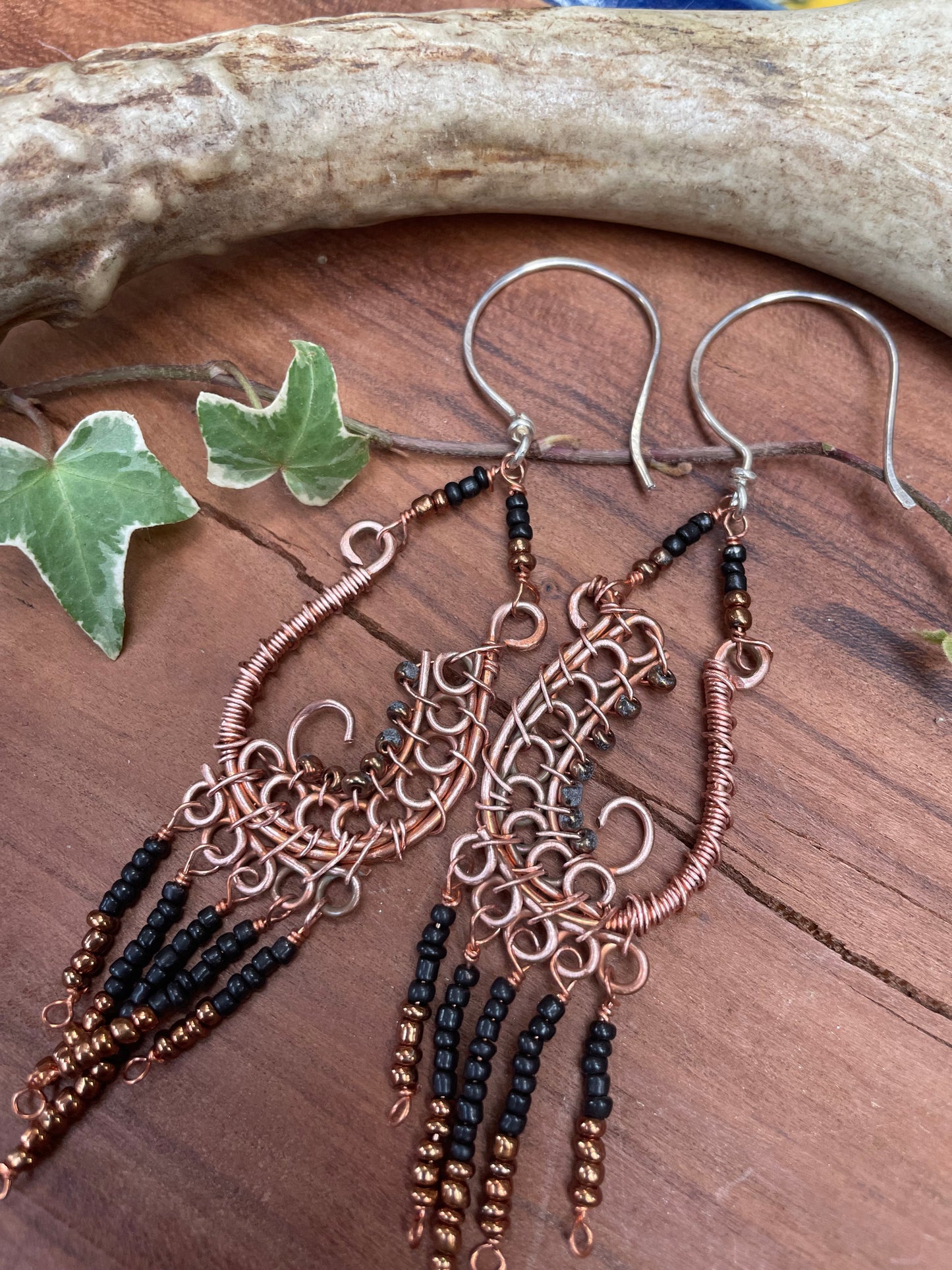 Black/Copper Wire Wrapped Paisley Seed Bead Earrings
