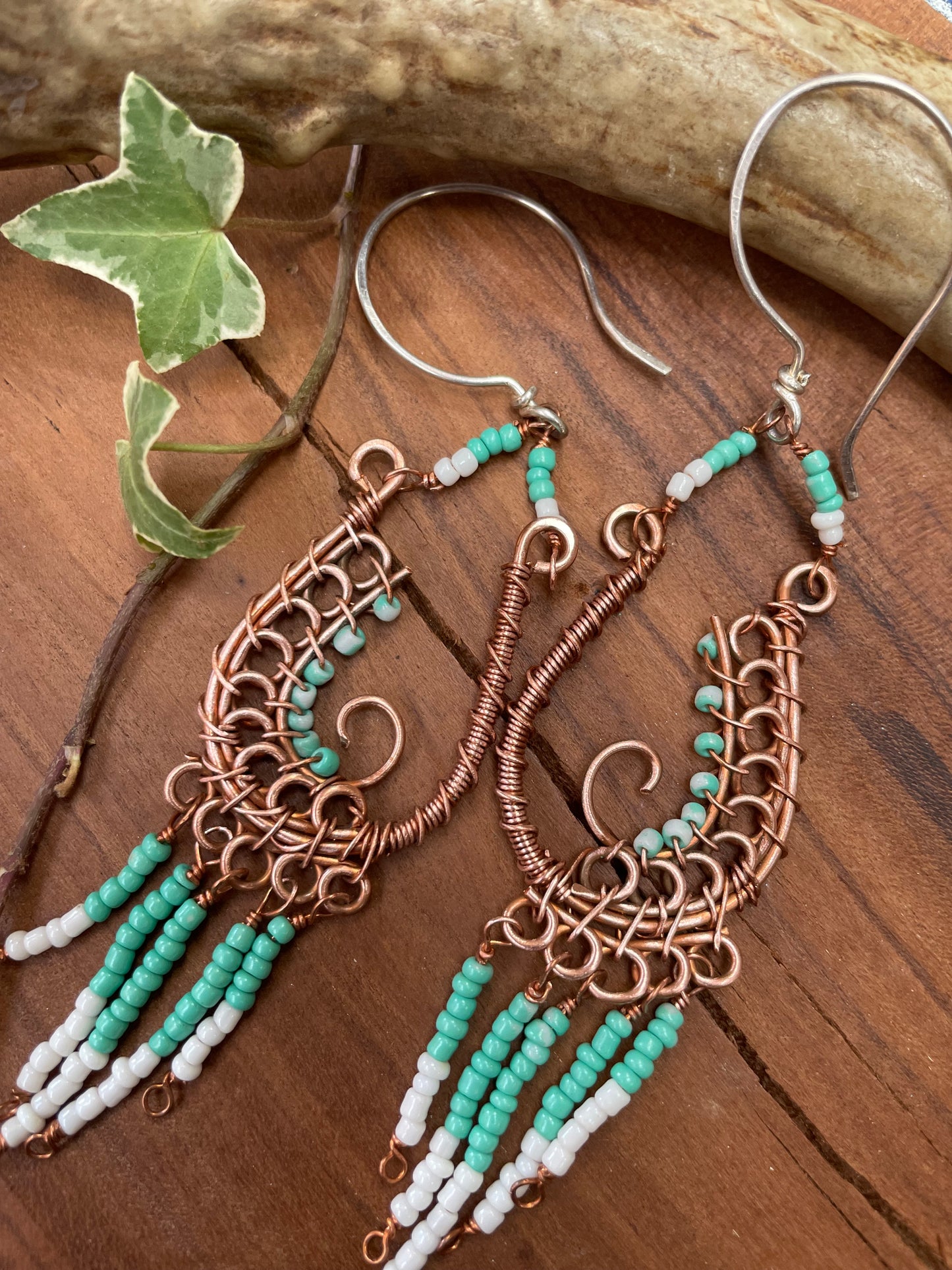 Turquoise/White Seed Bead Copper Paisley Earrings