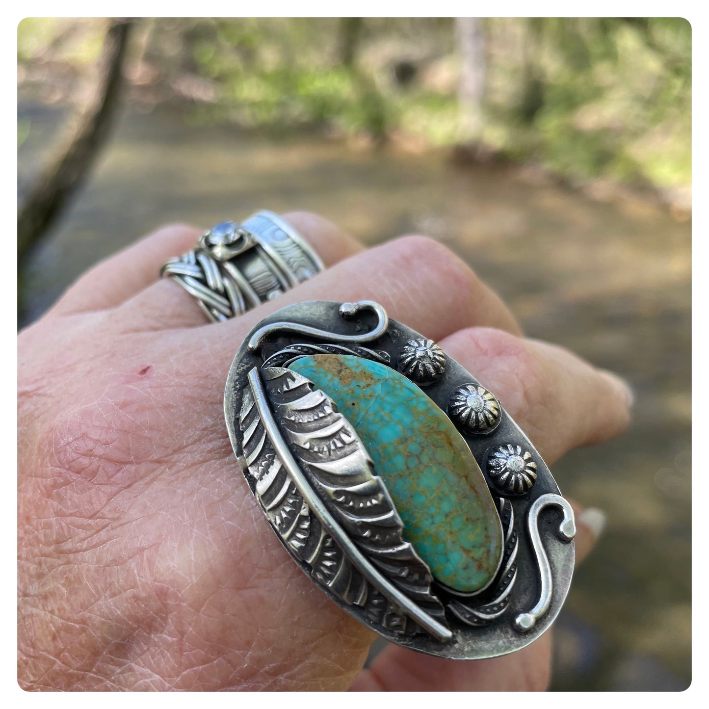 Kingman Mine Turquoise Sterling Feather Ring