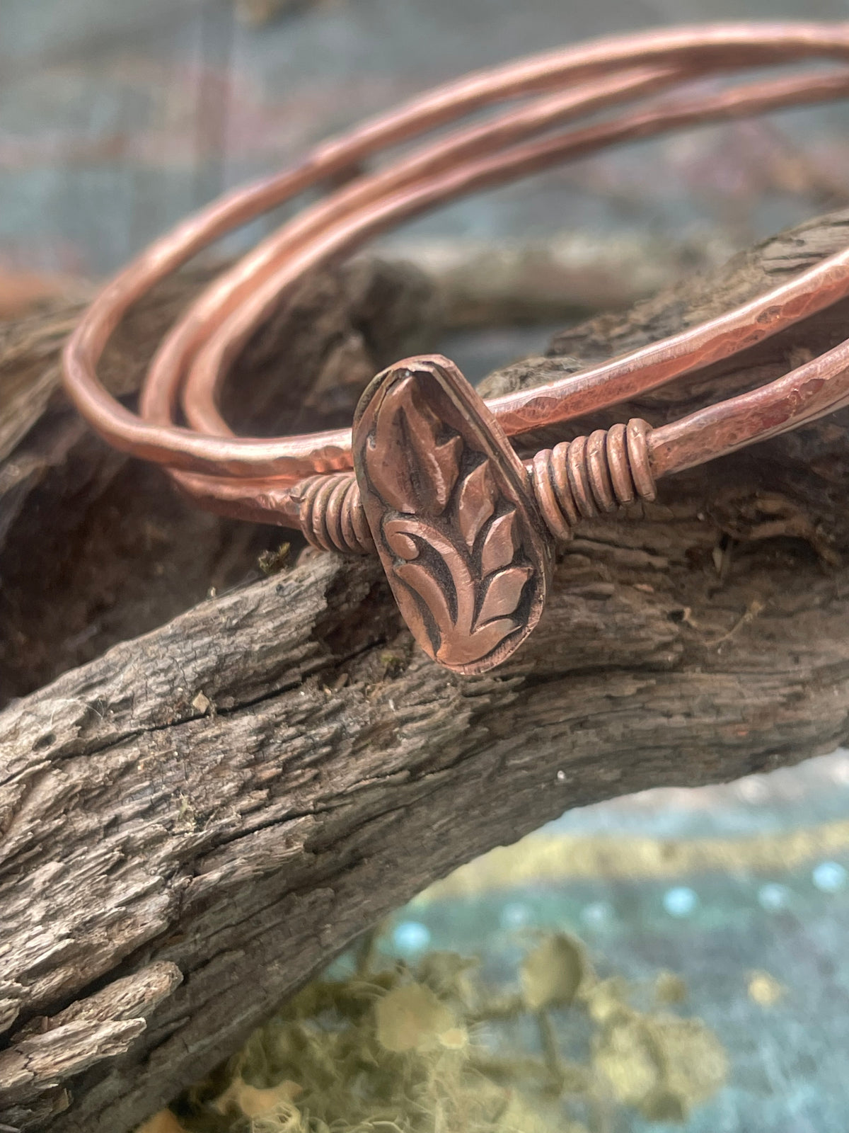 Set of 3 Copper Stacker Bangles Leaf Bracelet