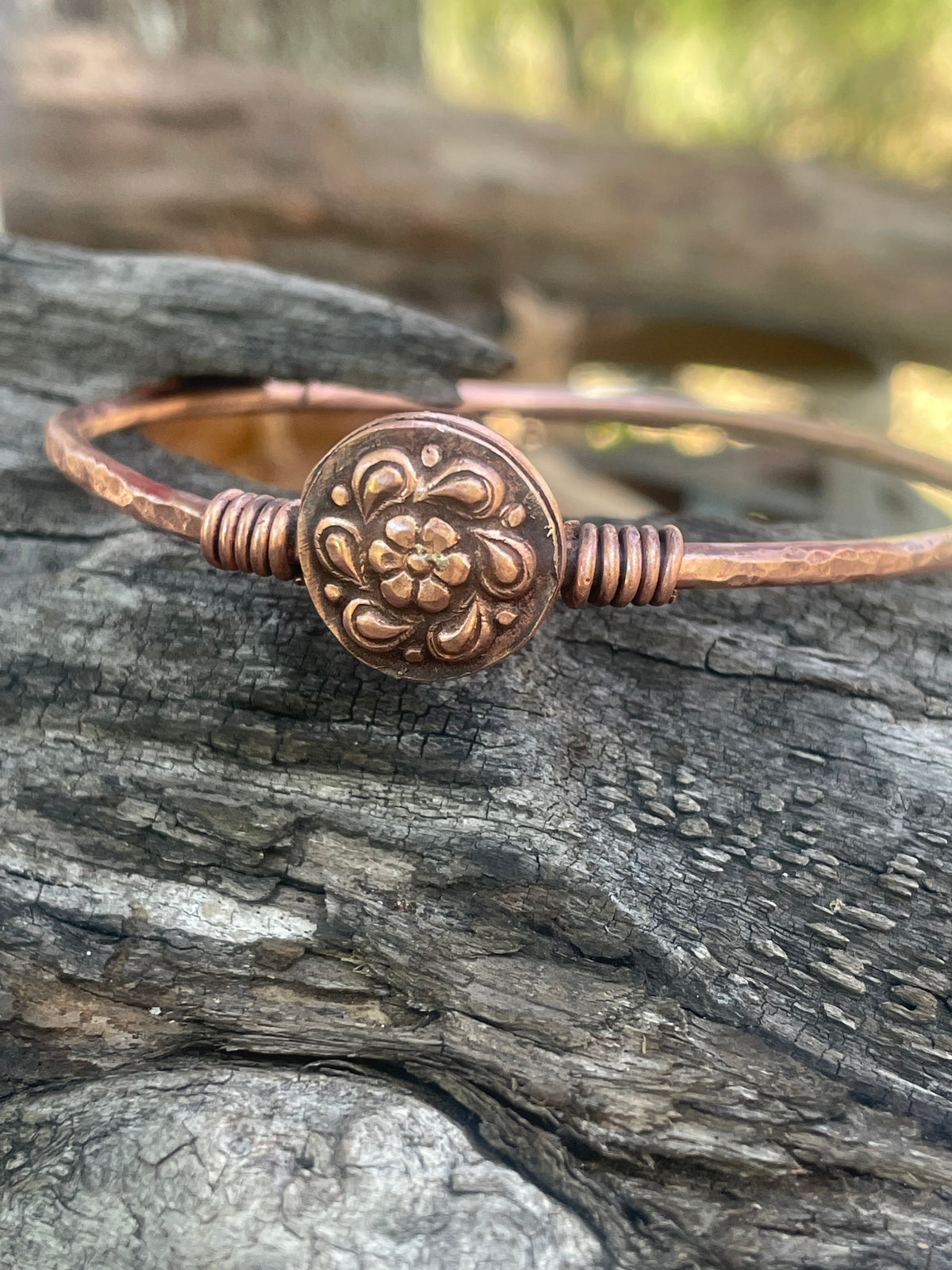 Set of 3 Copper Stacker Bangles Flower Bracelet