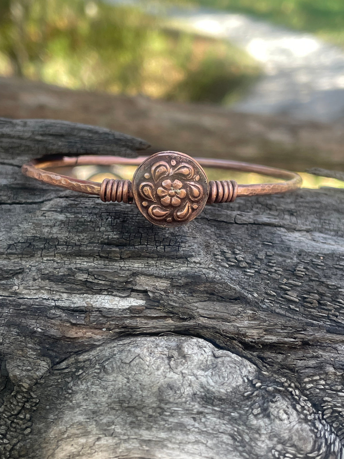 Set of 3 Copper Stacker Bangles Flower Bracelet
