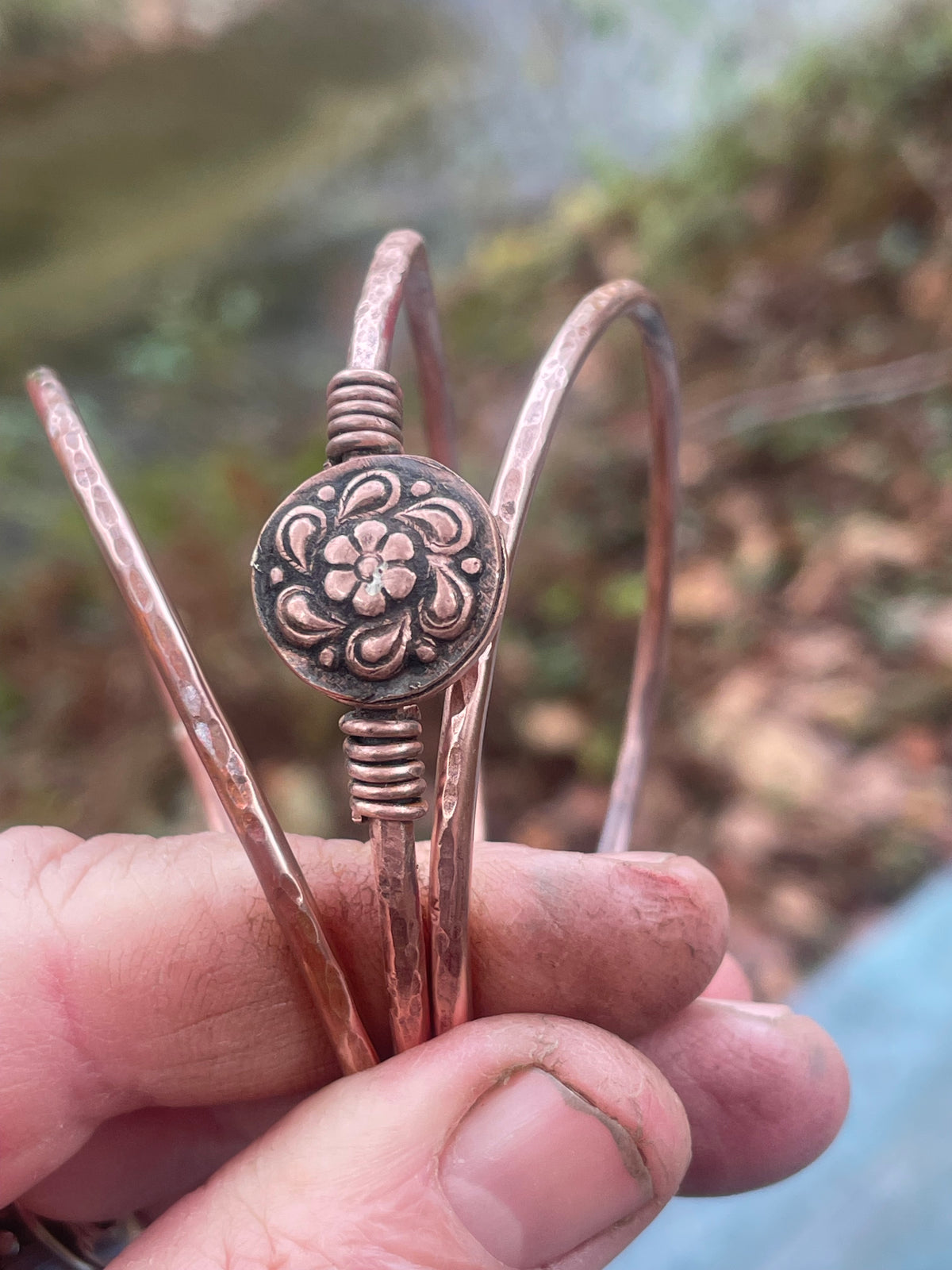 Set of 3 Copper Stacker Bangles Flower Bracelet