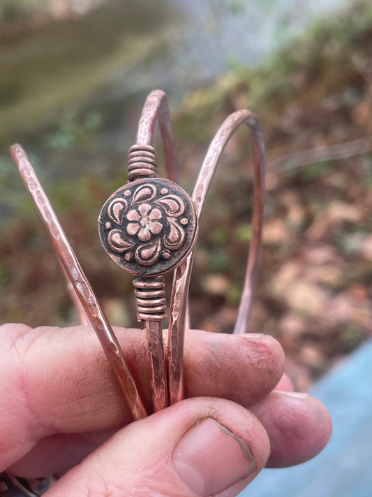 Set of 3 Copper Stacker Bangles Flower Bracelet