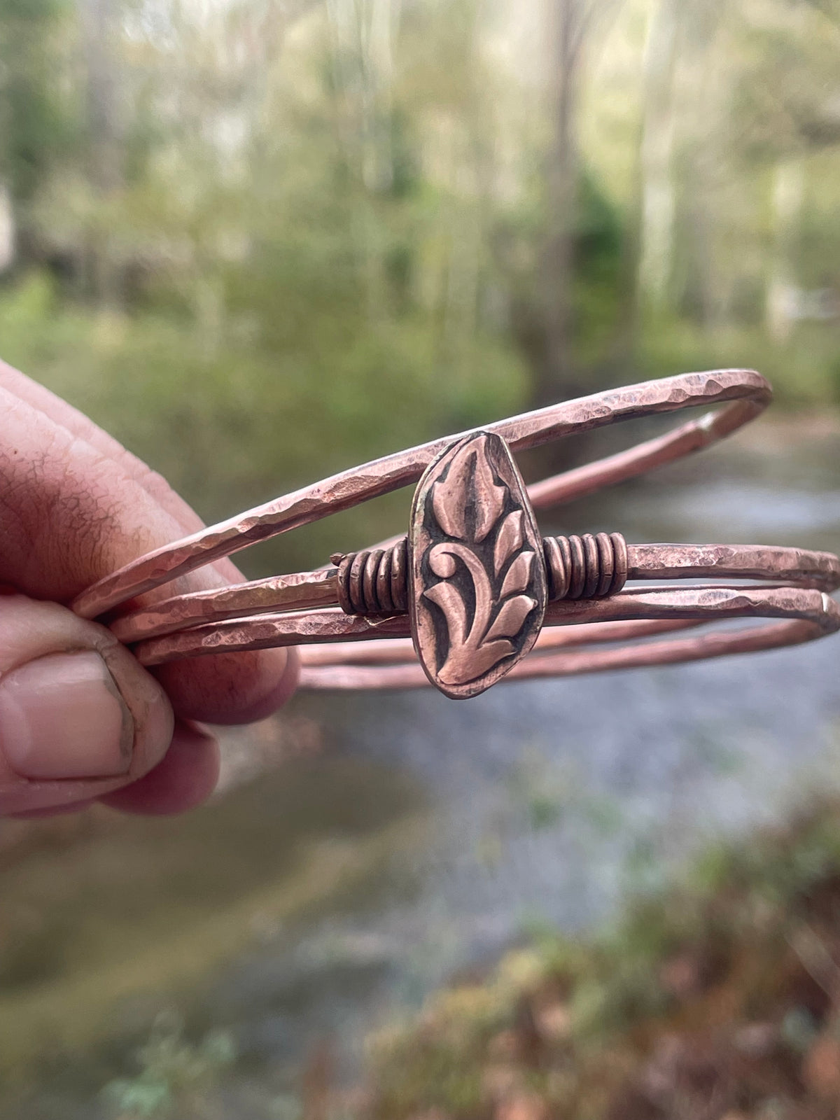 Set of 3 Copper Stacker Bangles Leaf Bracelet