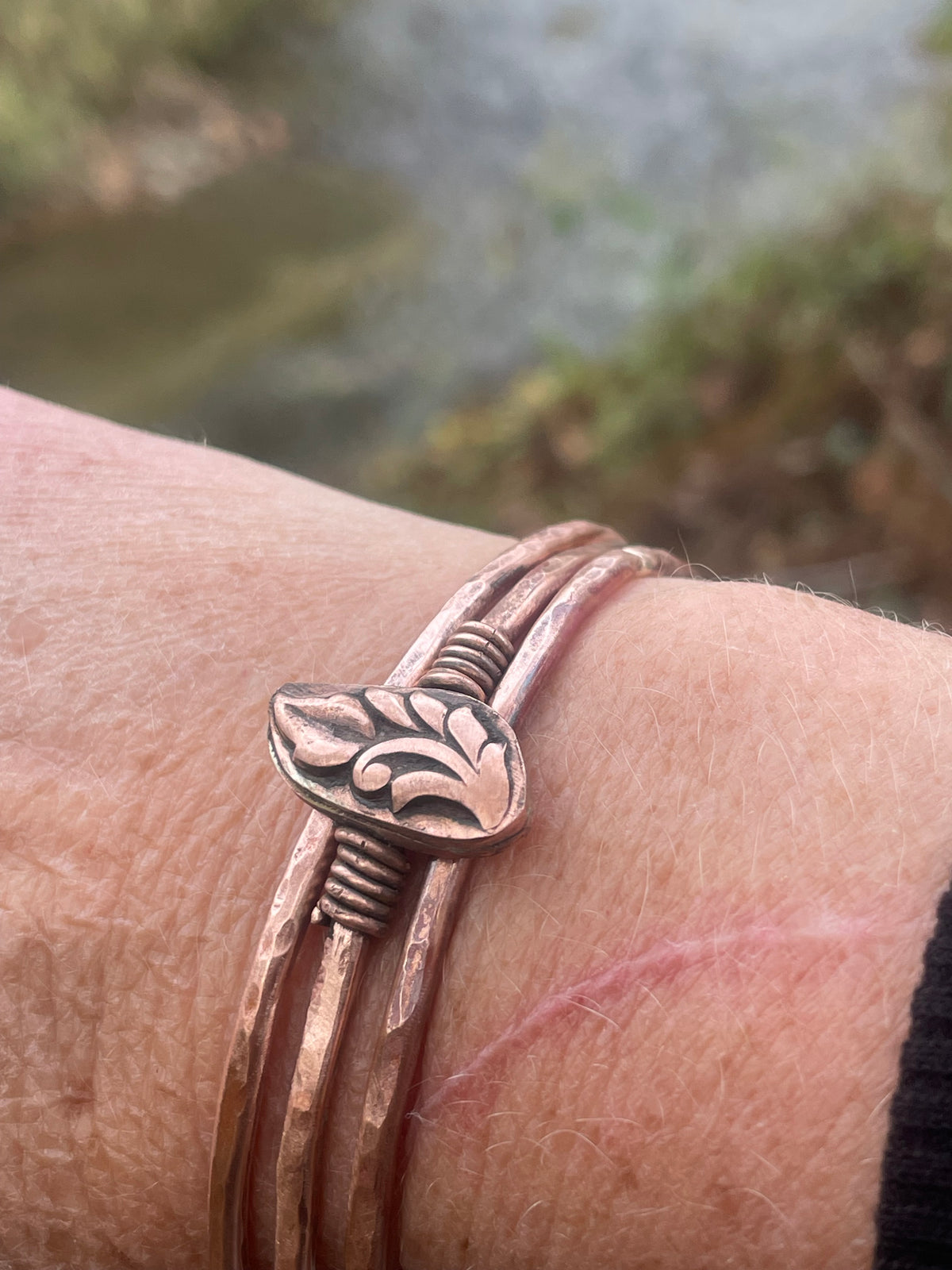Set of 3 Copper Stacker Bangles Leaf Bracelet