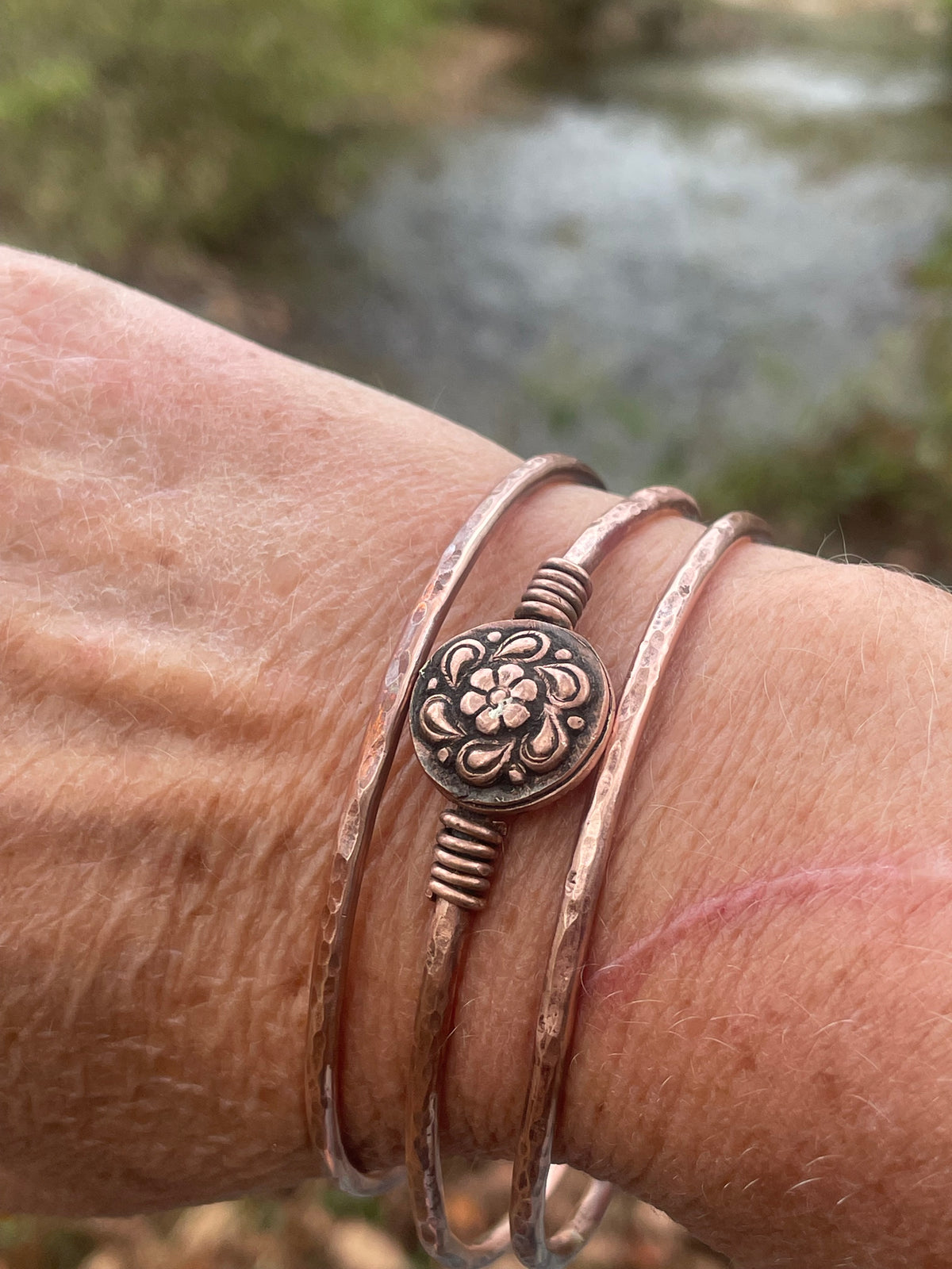 Set of 3 Copper Stacker Bangles Flower Bracelet