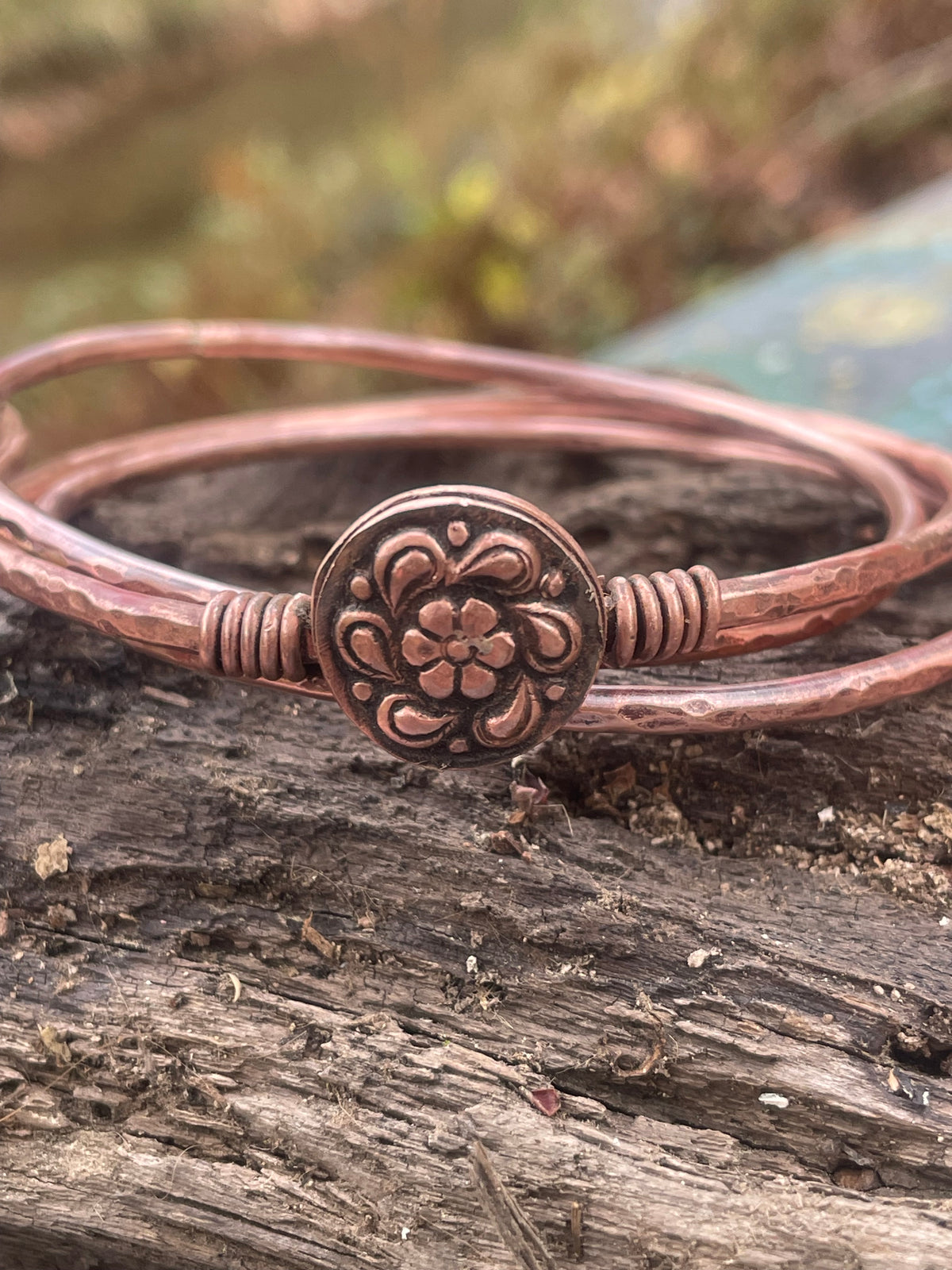 Set of 3 Copper Stacker Bangles Flower Bracelet