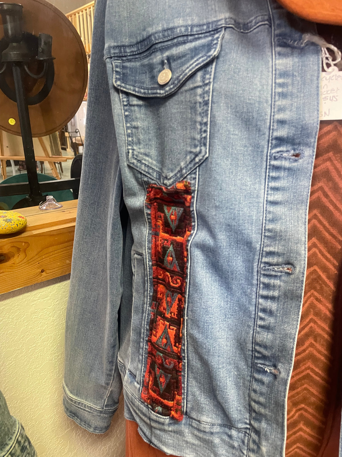 Upcycled Issac Mizrahi Jacket Aztec Embellishment. Size L