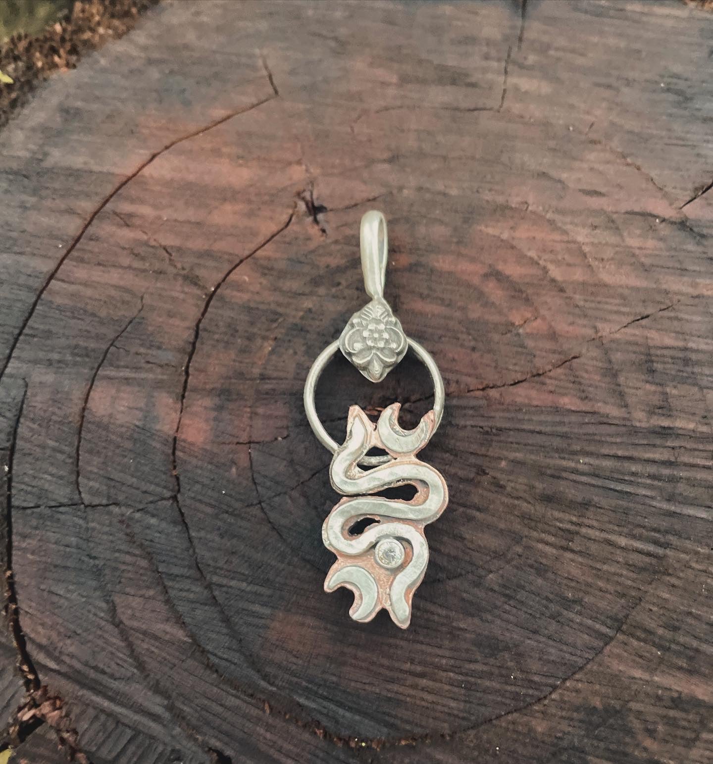 Sterling and Copper Snake/Moon and CZ Gemstone Pendant