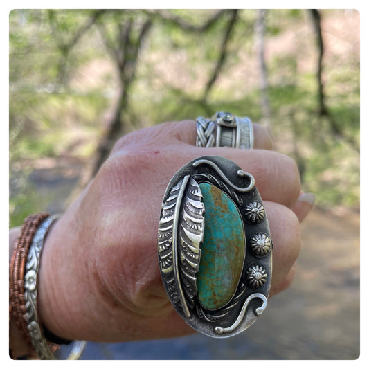 Kingman Mine Turquoise Sterling Feather Ring