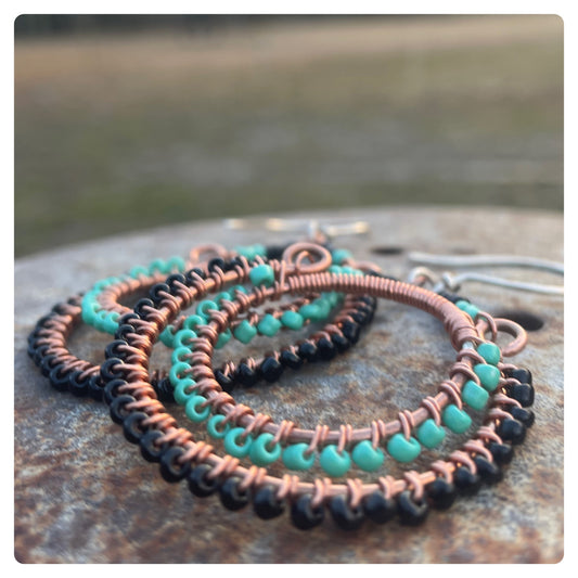 Turquoise and Black Seed Bead Hoops
